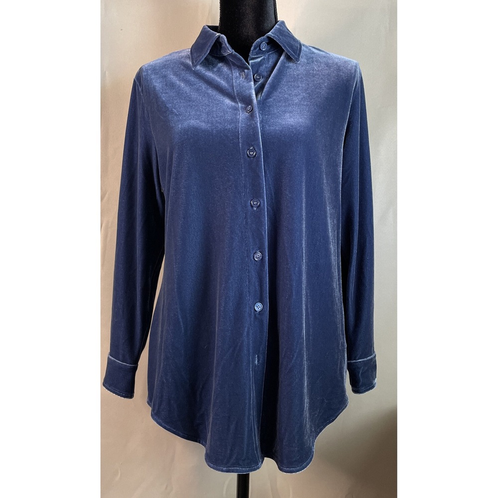Soft Surroundings Boyfriend PXS Button Down Shirt Blue Velvet Long Sleeve Chic
